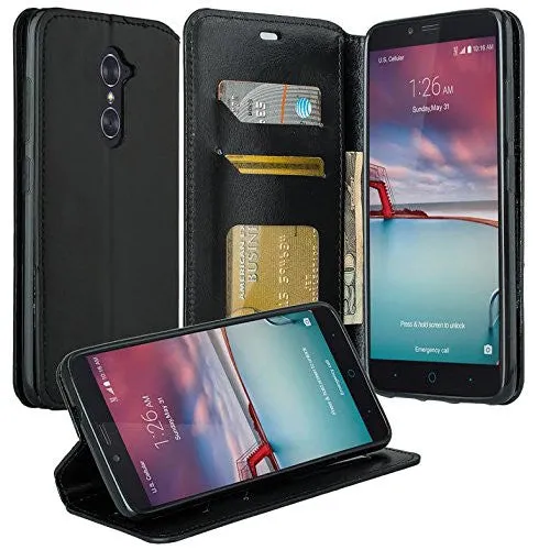 ZTE Prestige Case, Sonata 3, ZTE Avid Plus, ZTE Avid Trio, ZFive 2, Midnight Pro, Maven 2, Cheers, Faux Leather Magnetic Flip Fold[Kickstand] Wallet Case Cover with Card Slots - Black