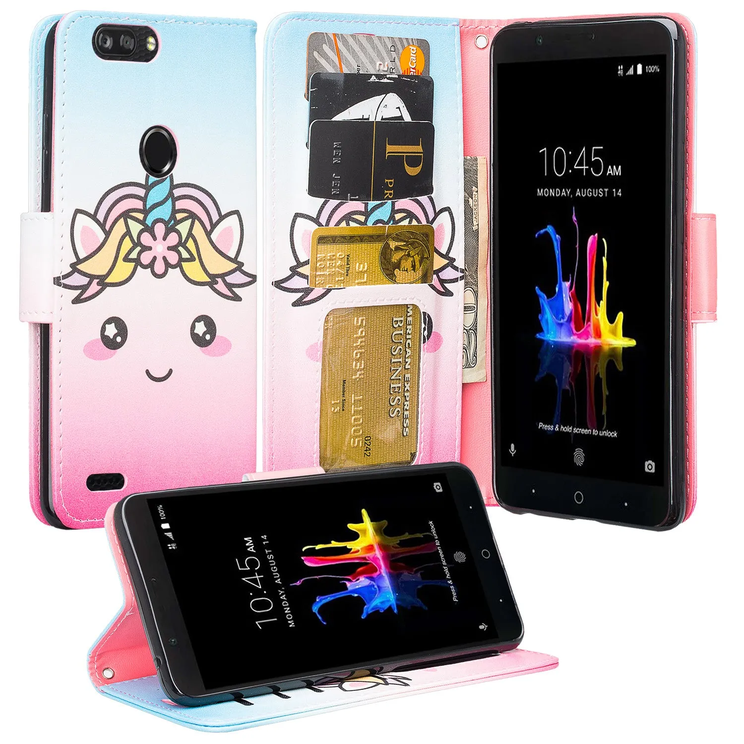 ZTE Sequoia | Blade Z Max | ZTE Z982 Case, Wrist Strap Pu Leather Magnetic Flip[Kickstand] Wallet Case Cover with ID & Card Slots - White Unicorn