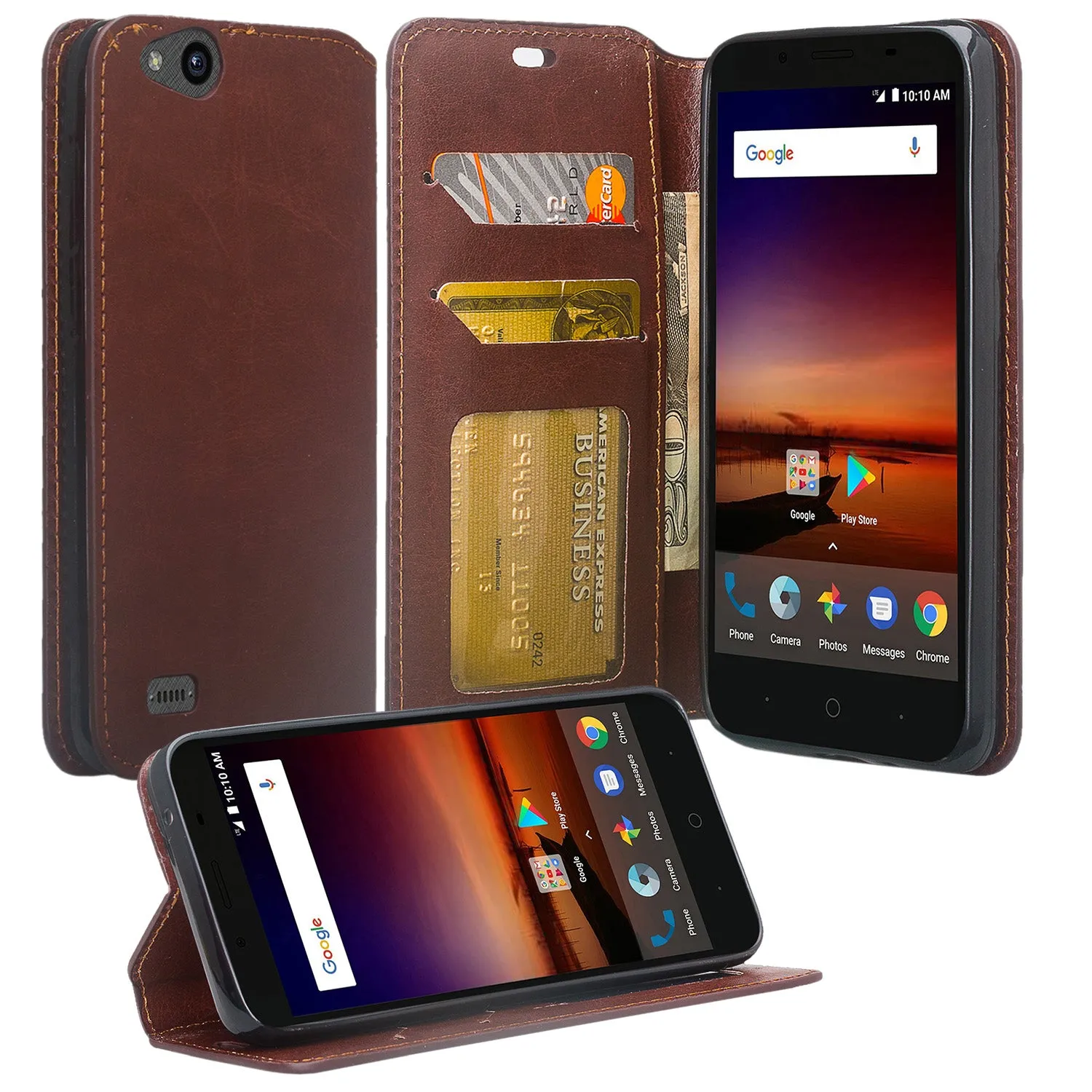 ZTE Tempo X Case, Tempo Go, Blade Vantage, Avid 4, ZFive C, ZFive G, N9137, Z557BL, Z558VL, Slim Flip Fold [Kickstand] Faux Leather Wallet Cover w/ Slots & Pocket - Brown