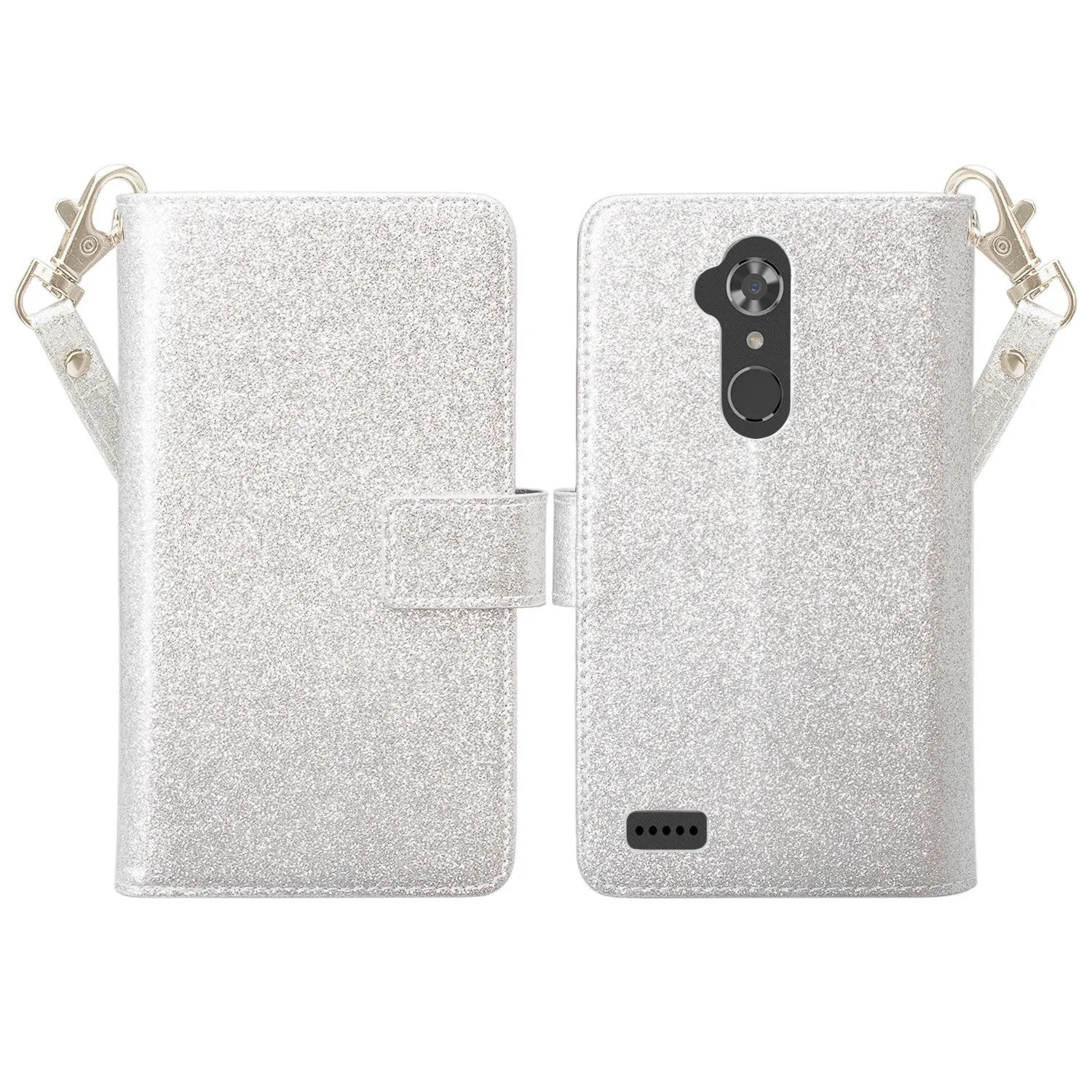 ZTE ZMax Pro, ZTE Imperial Max, MaX Duo LTE, Grand X Max 2 Case, ZTE Carry, ZTE Blade X Max, [Wrist Strap] Glitter Faux Leather Flip [Kickstand Feature] Wallet Case Clutch - Silver